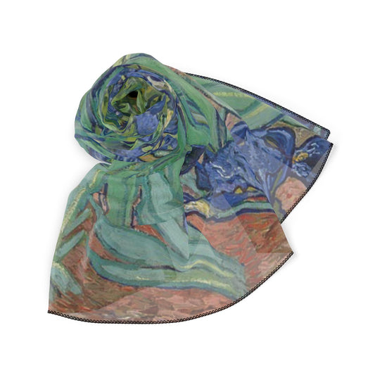 Irises Art Scarf, 25x25 Poly Chiffon, Lightweight Sheer Square Scarf, Artistic Fashion Accessory