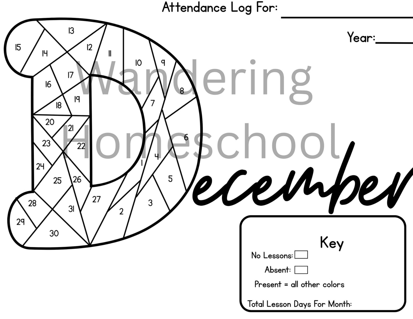 Homeschool Attendance Color In Log | 13 Monthly Tracking Sheets | Printable PDF
