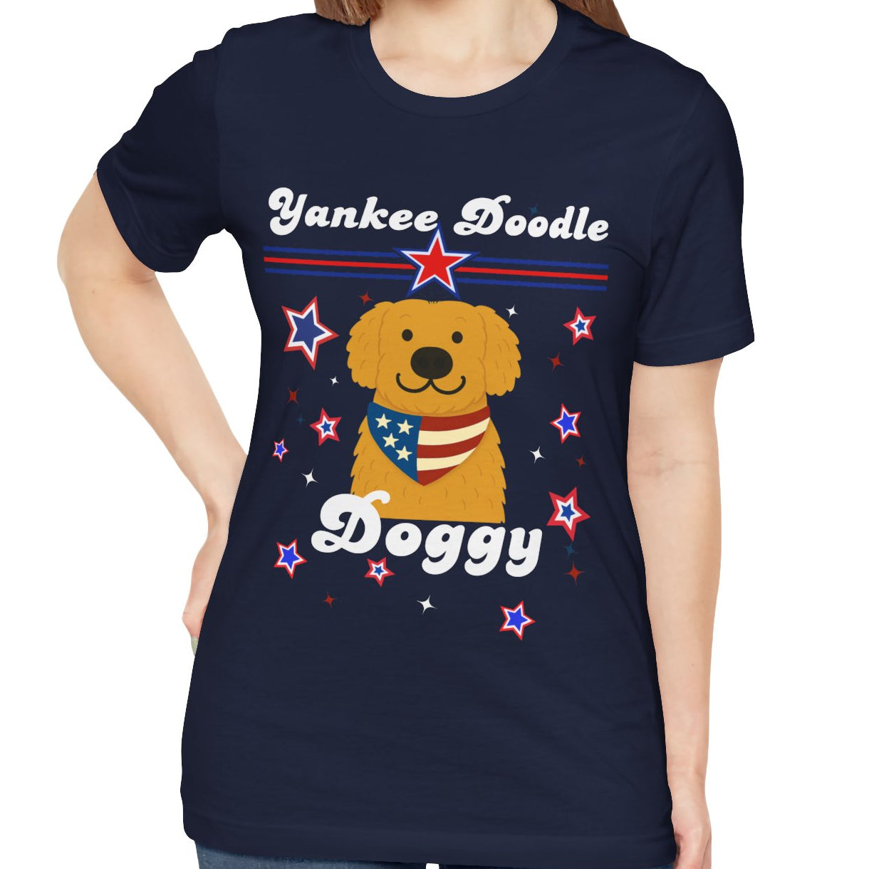Women's Patriotic Yankee Doodle Doggy (Golden) Jersey Short Sleeve Tee Sz. S-5XL