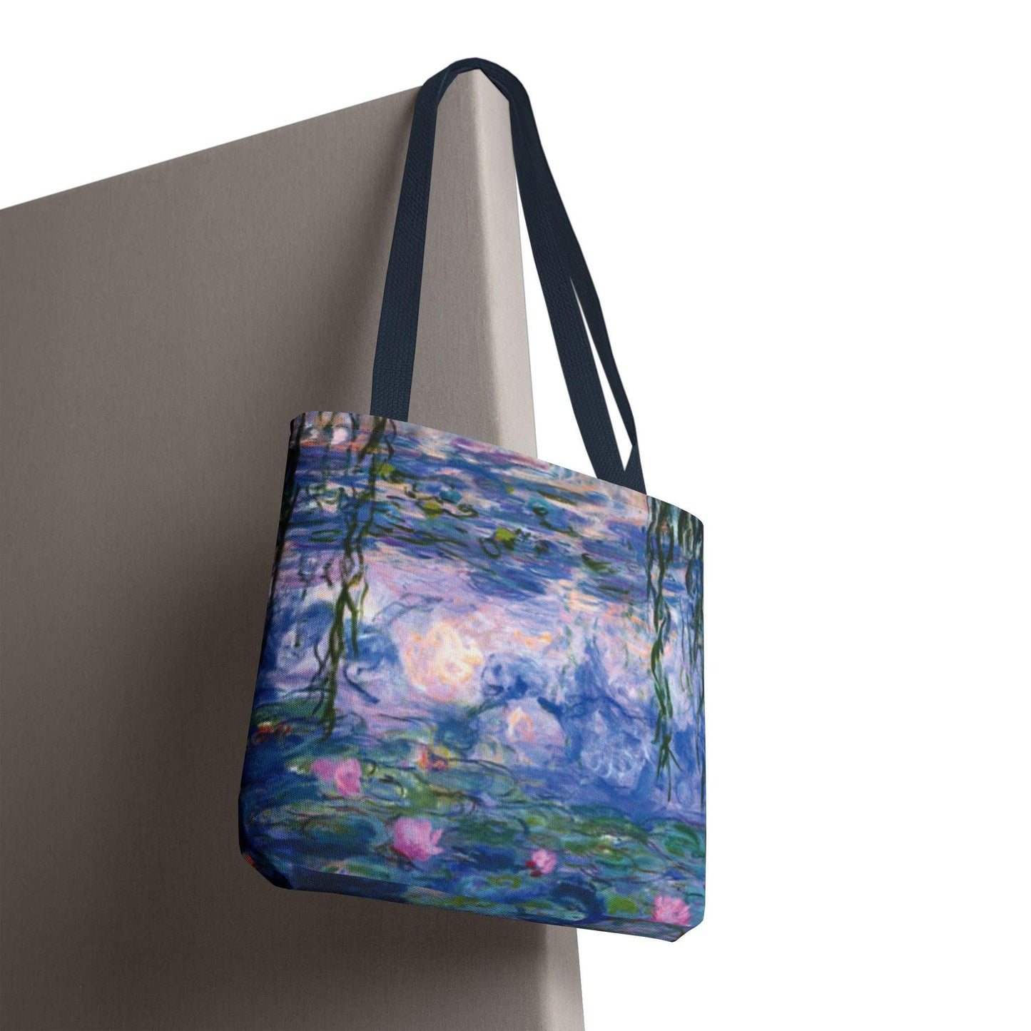 Water Lilies Art Tote Bag, 18x18, Durable Custom Printed Bag with White or Navy Handles
