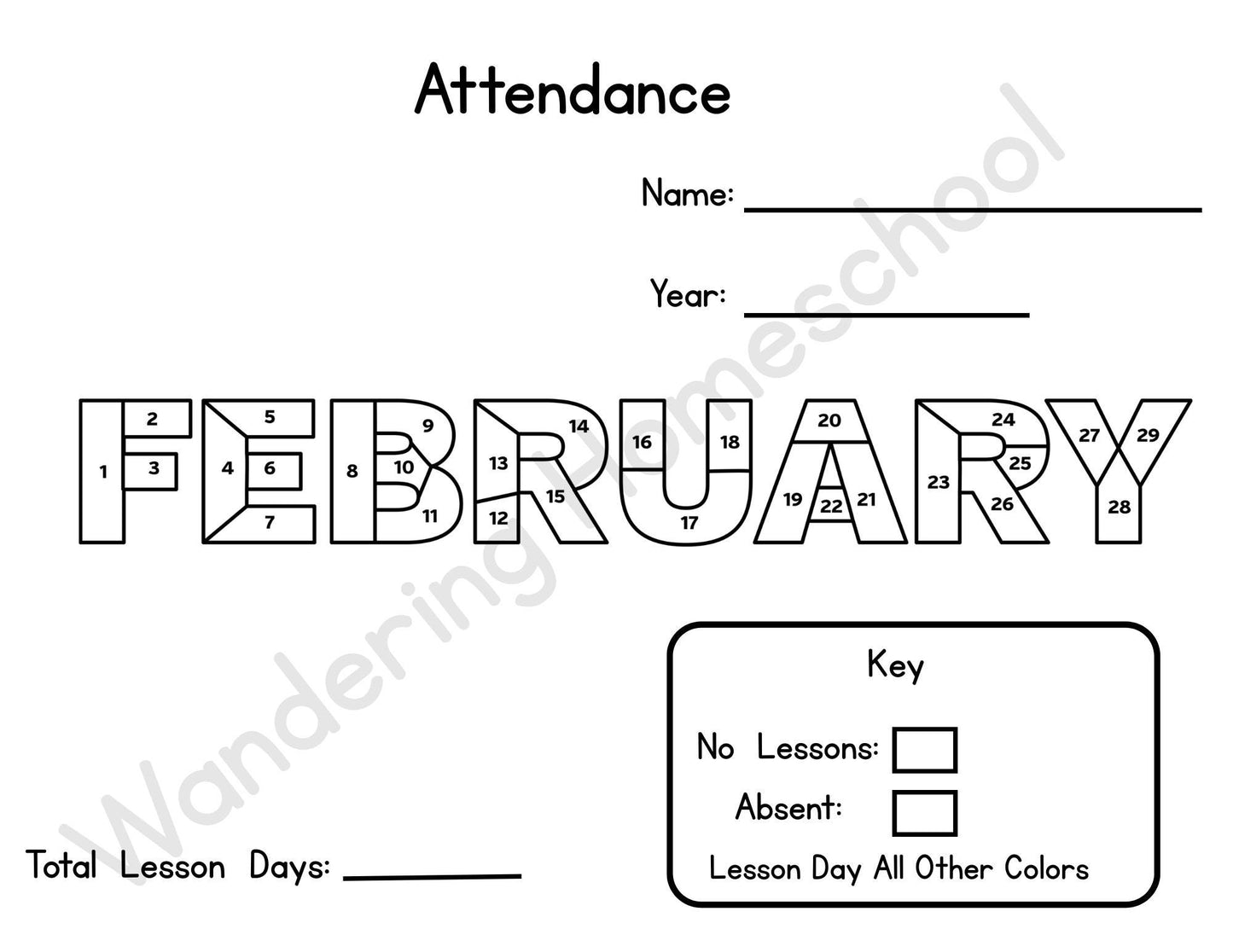 Color-In Homeschool Attendance Tracker: Monthly Printable Bundle (Digital Download)