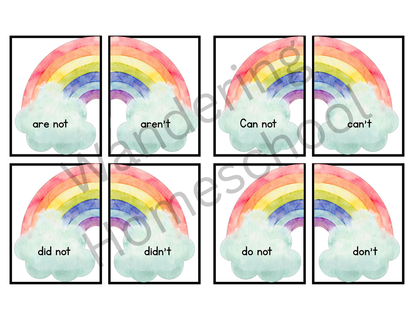 Watercolor Rainbow Contraction Flash Cards | 50 Matching Pairs for Grades 1+