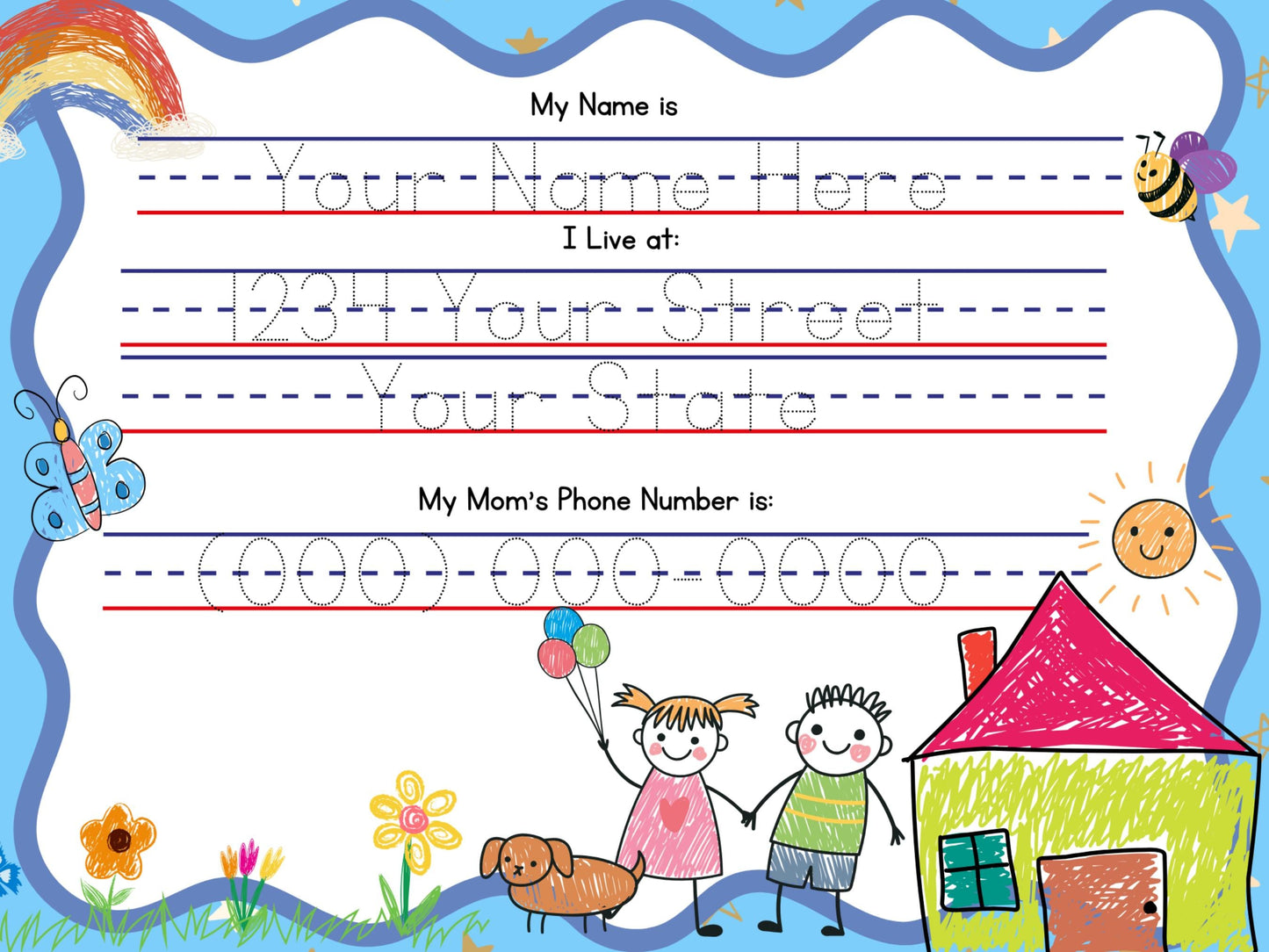 Editable Preschool Name, Address, and Phone Number Tracing Worksheet – Printable Handwriting Practice for Kids