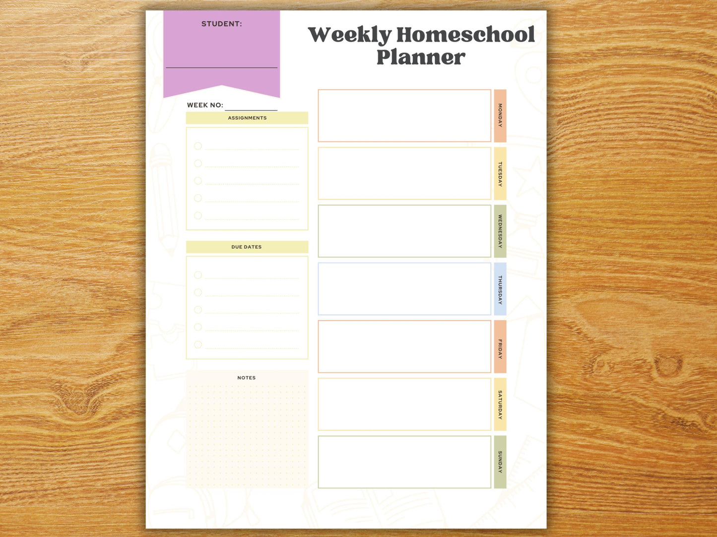 Weekly Homeschool Student Planner Page – Track Assignments, Notes & Due Dates
