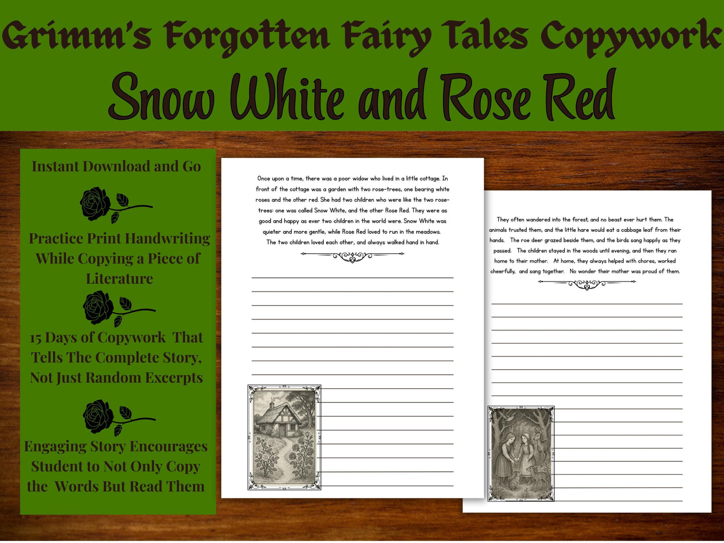 Snow White & Rose Red Handwriting Practice: Grimm's Fairy Tale (PDF Download