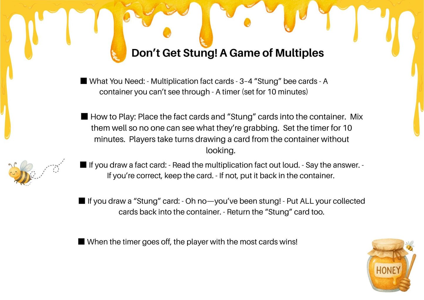 Don't Get Stung! Multiplication Fact Game for Kids – Fun Math Center with Bee Theme