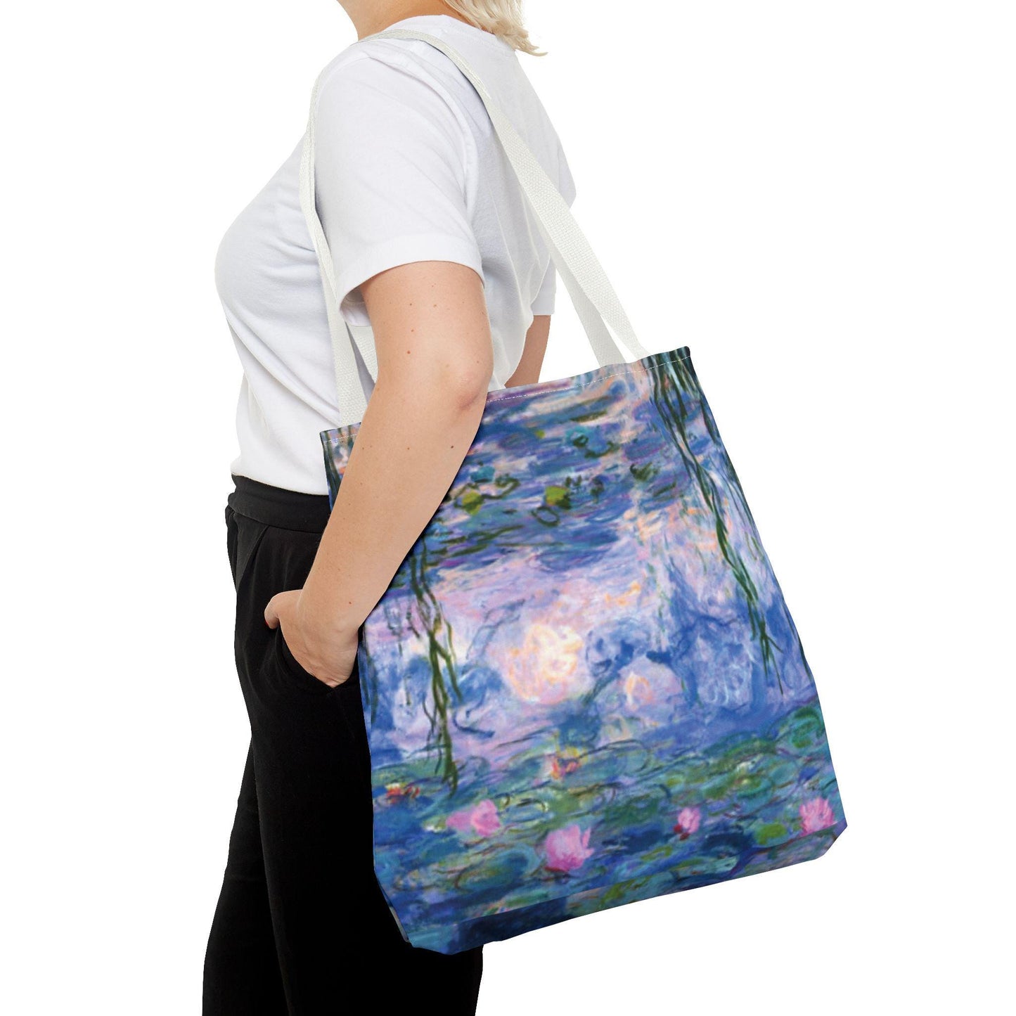Water Lilies Art Tote Bag, 18x18, Durable Custom Printed Bag with White or Navy Handles