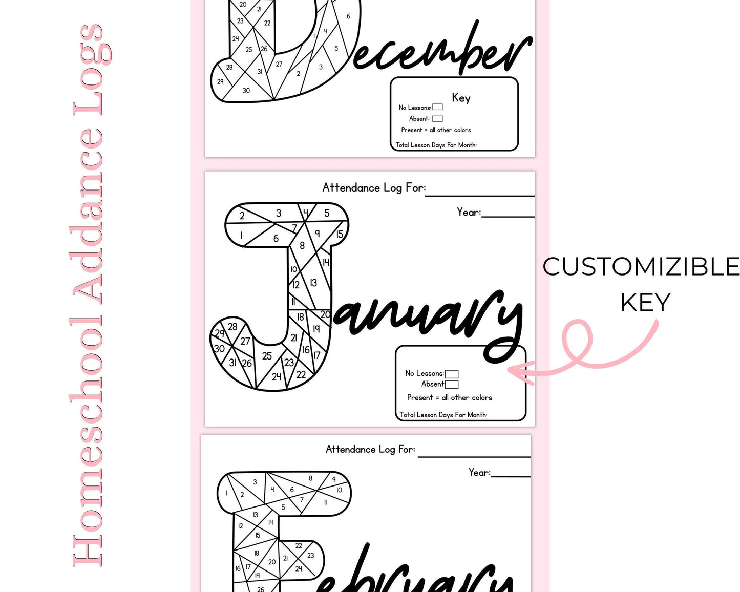 Homeschool Attendance Color In Log | 13 Monthly Tracking Sheets | Printable PDF