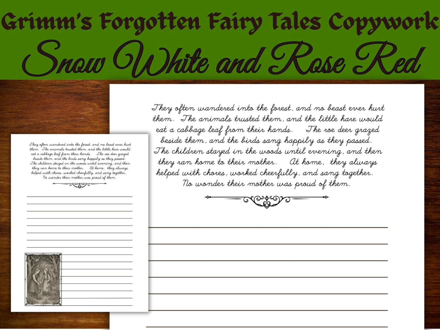 Snow White & Rose Red Cursive Copywork: Grimm's Fairy Tale Handwriting Practice (PDF Download)