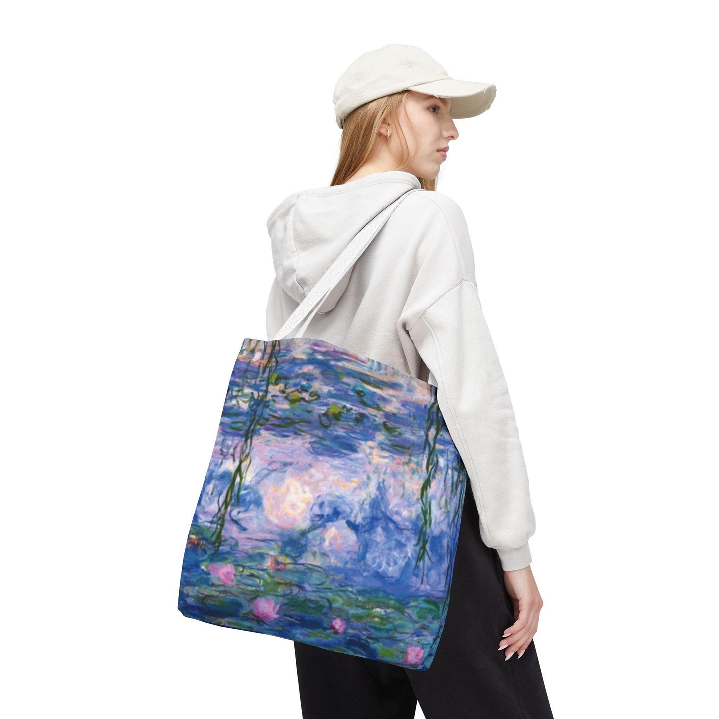 Water Lilies Art Tote Bag, 18x18, Durable Custom Printed Bag with White or Navy Handles