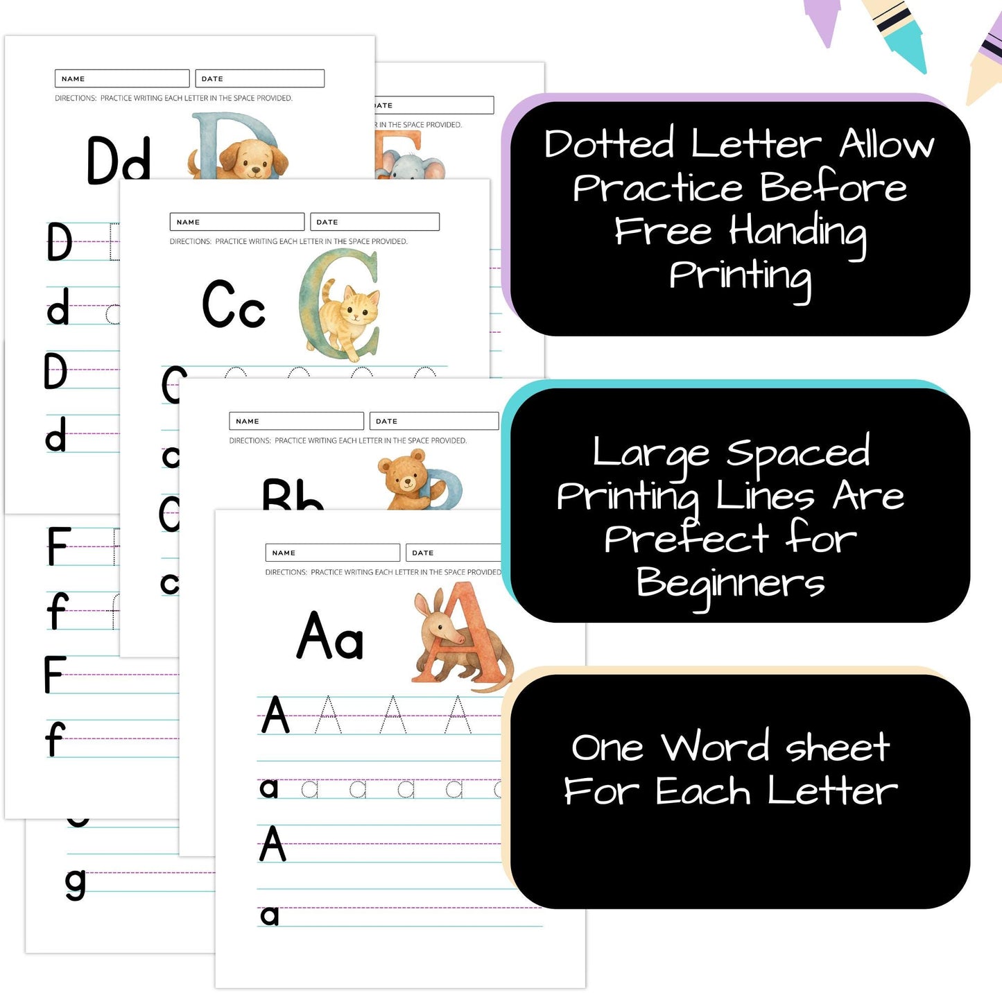 Alphabet Animals Flashcards and Early Printing Worksheet Bundle