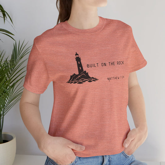 Women's Christian Verse Built on the Rock Jersey Short Sleeve Tee Sz. S-5XL