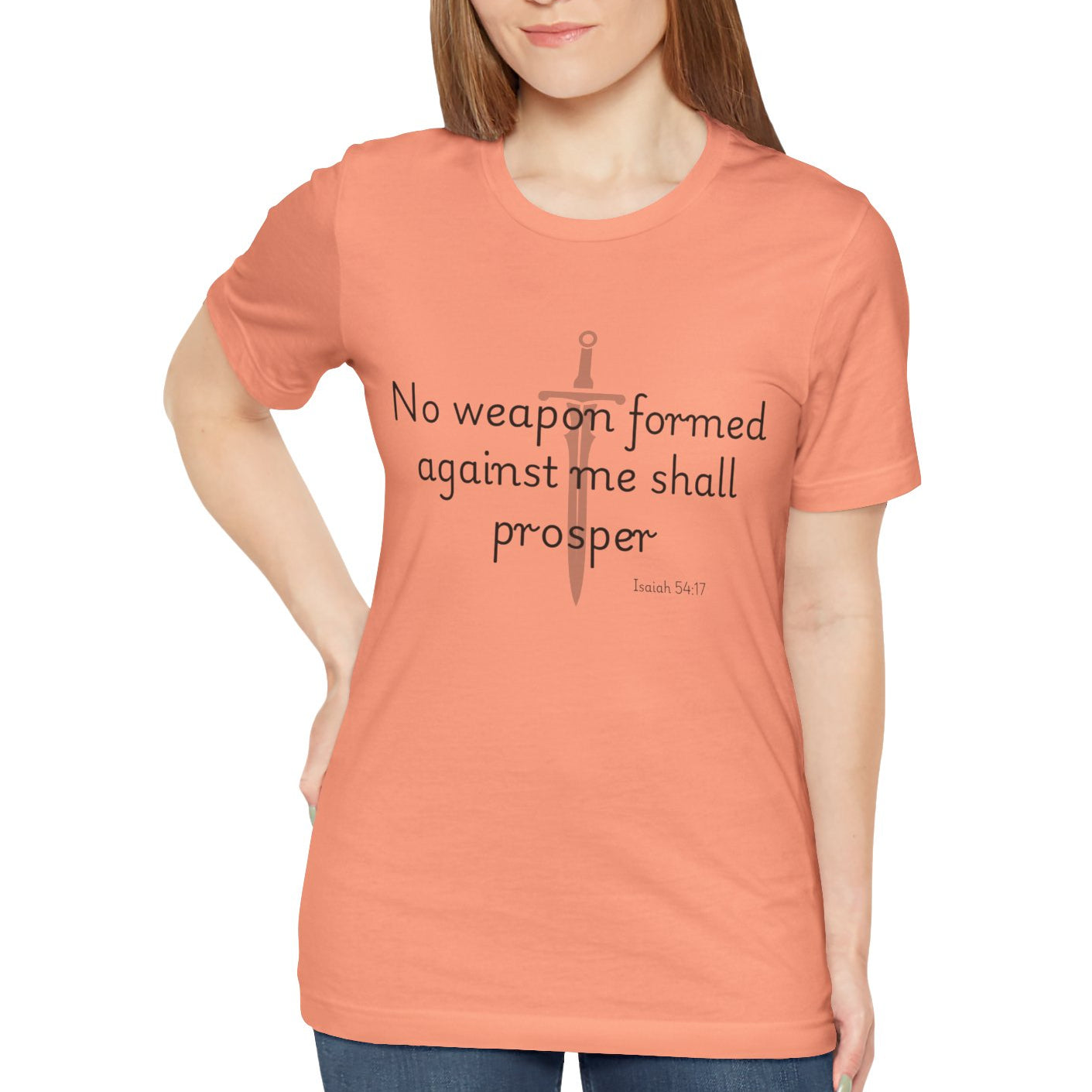 Women's Christian Verse No Weapon Formed Against Me Jersey Short Sleeve Tee Sz. S-5XL