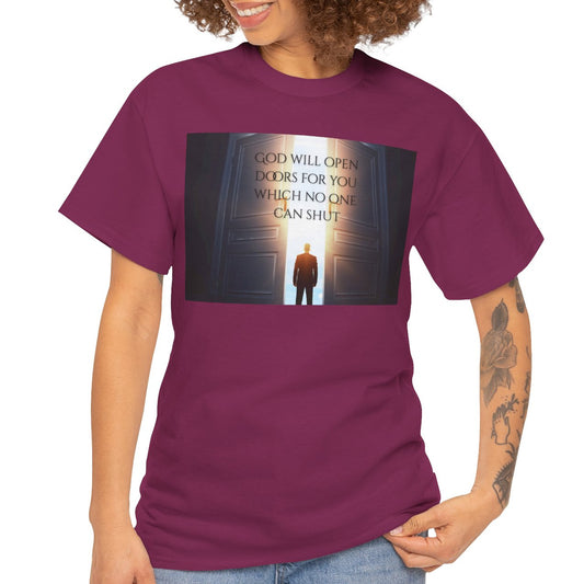 Women's Christian God Will Open Doors Heavy Cotton Tee