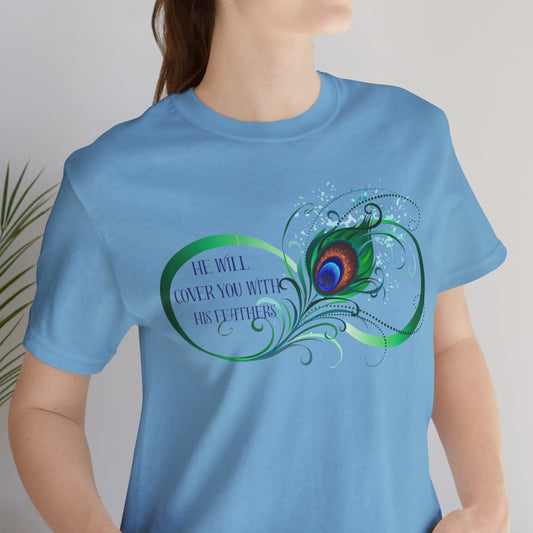 Women's Christian  He Will Cover You In Feathers Jersey Short Sleeve Tee Sz. S-5XL