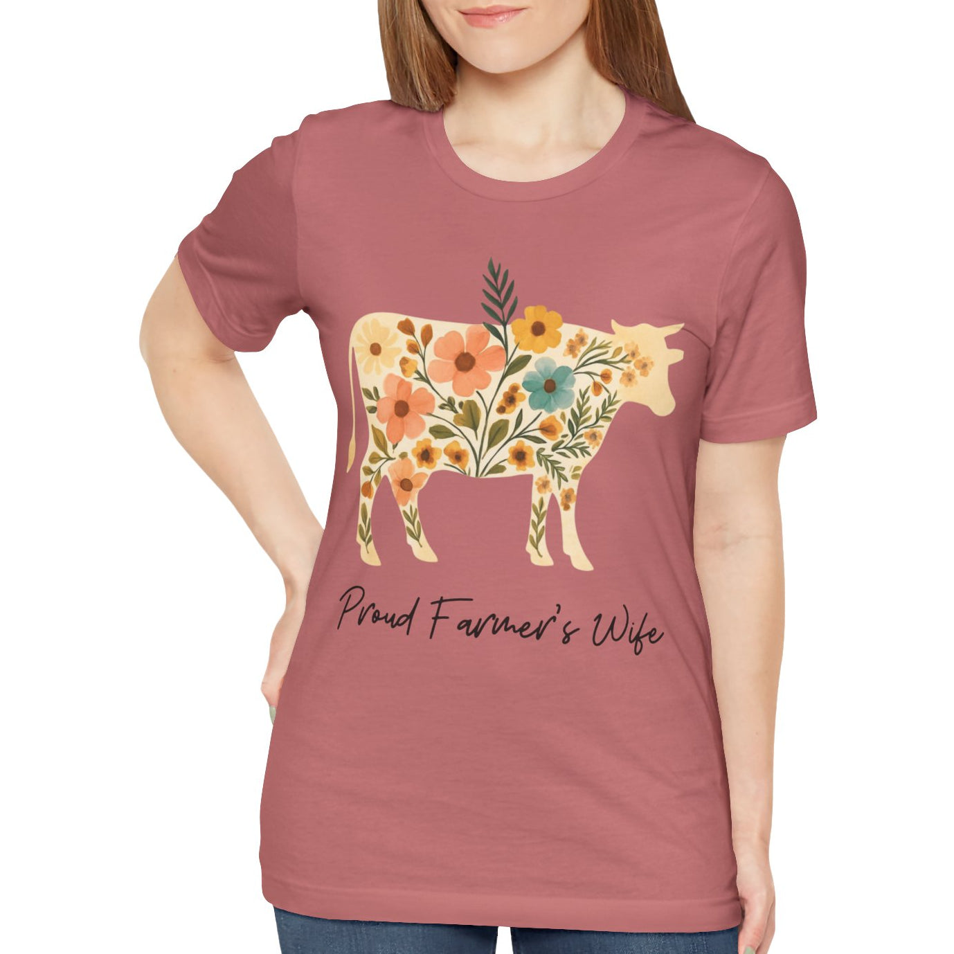 Proud Farmer's Wife Floral Cow Tee Sz. S-5XL