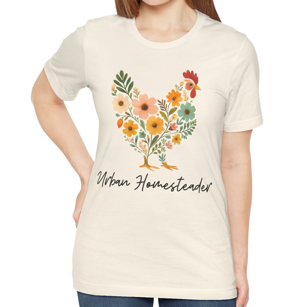 Women's Floral Chicken Urban Homesteader Jersey Short Sleeve Tee Sz. S-5XL