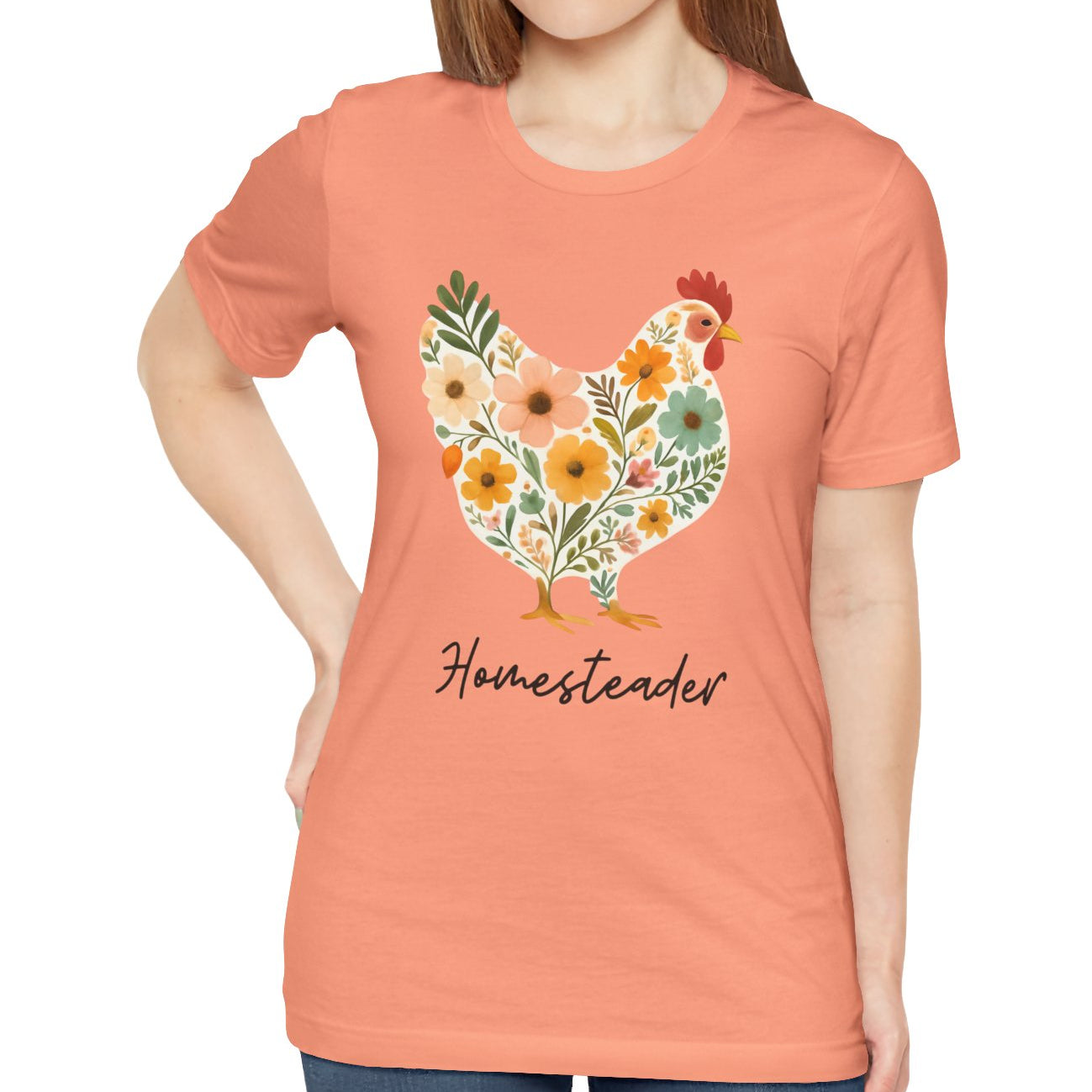 Women's Homesteading Chicken Floral Jersey Short Sleeve Tee Sz. S-5XL