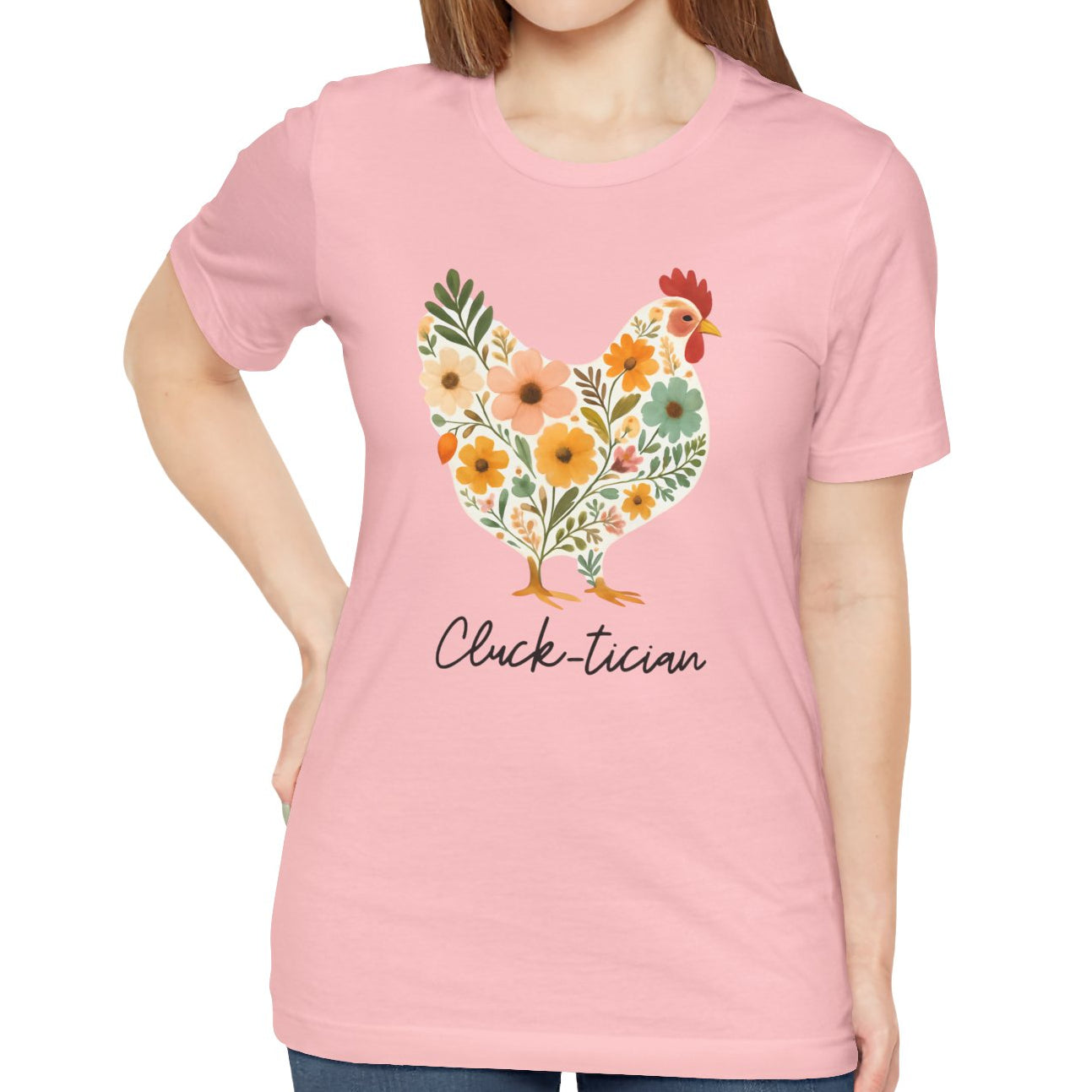 Women's Cluck-tician Floral Chicken Jersey Short Sleeve Tee Sz. S-5XL
