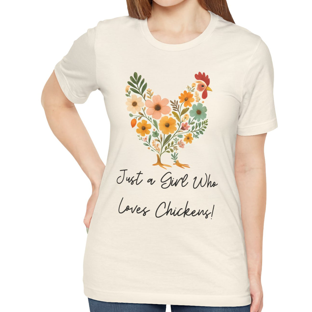 Women's Just a Girl Who Loves Chickens  Floral Jersey Short Sleeve Tee Sz. S-5XL