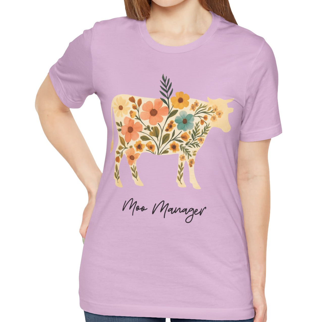 Women's Moo Manager Floral Cow Jersey Short Sleeve Tee Sz. S-5XL
