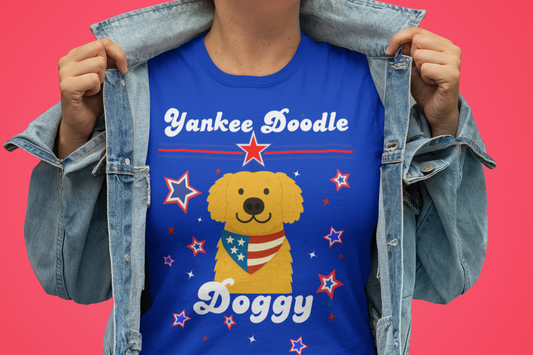 Women's Patriotic Yankee Doodle Doggy (Golden) Jersey Short Sleeve Tee Sz. S-5XL