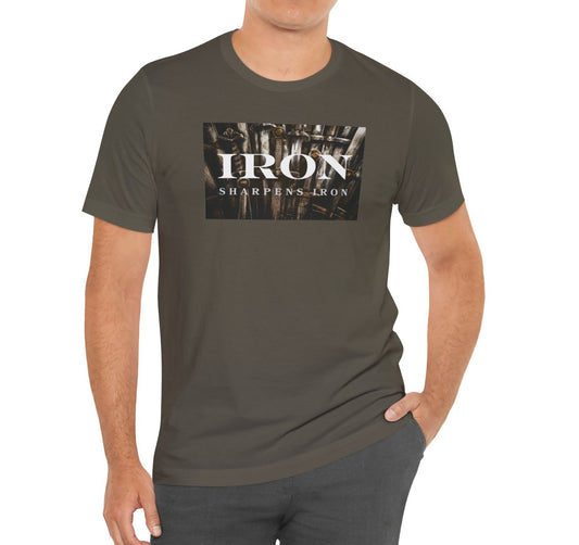 Iron Sharpens Iron Men’s Christian Tee | Proverbs 27:17 Shirt | Faith-Based Strength T-Shirt
