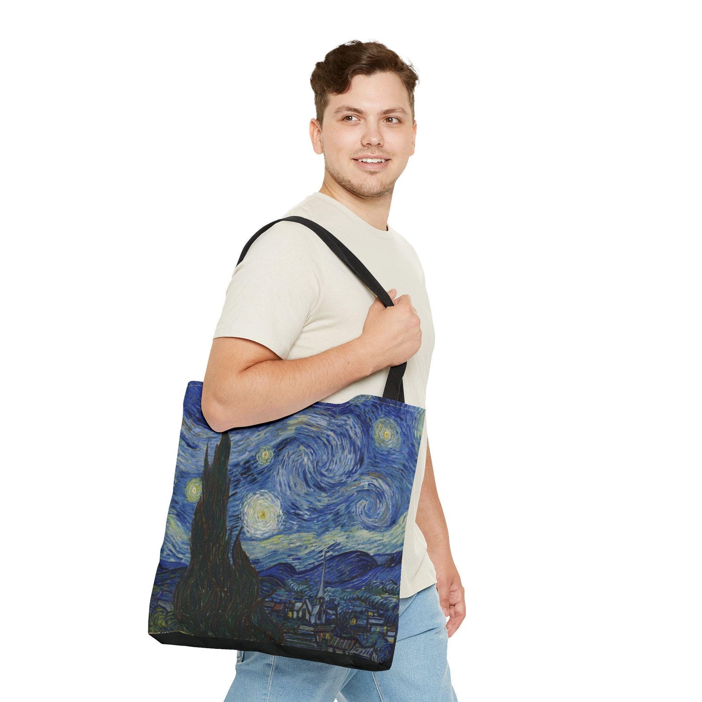 Starry Night Art Tote Bag, 18x18, Custom Printed Durable Everyday Bag with Black, Navy, or Beige Handles
