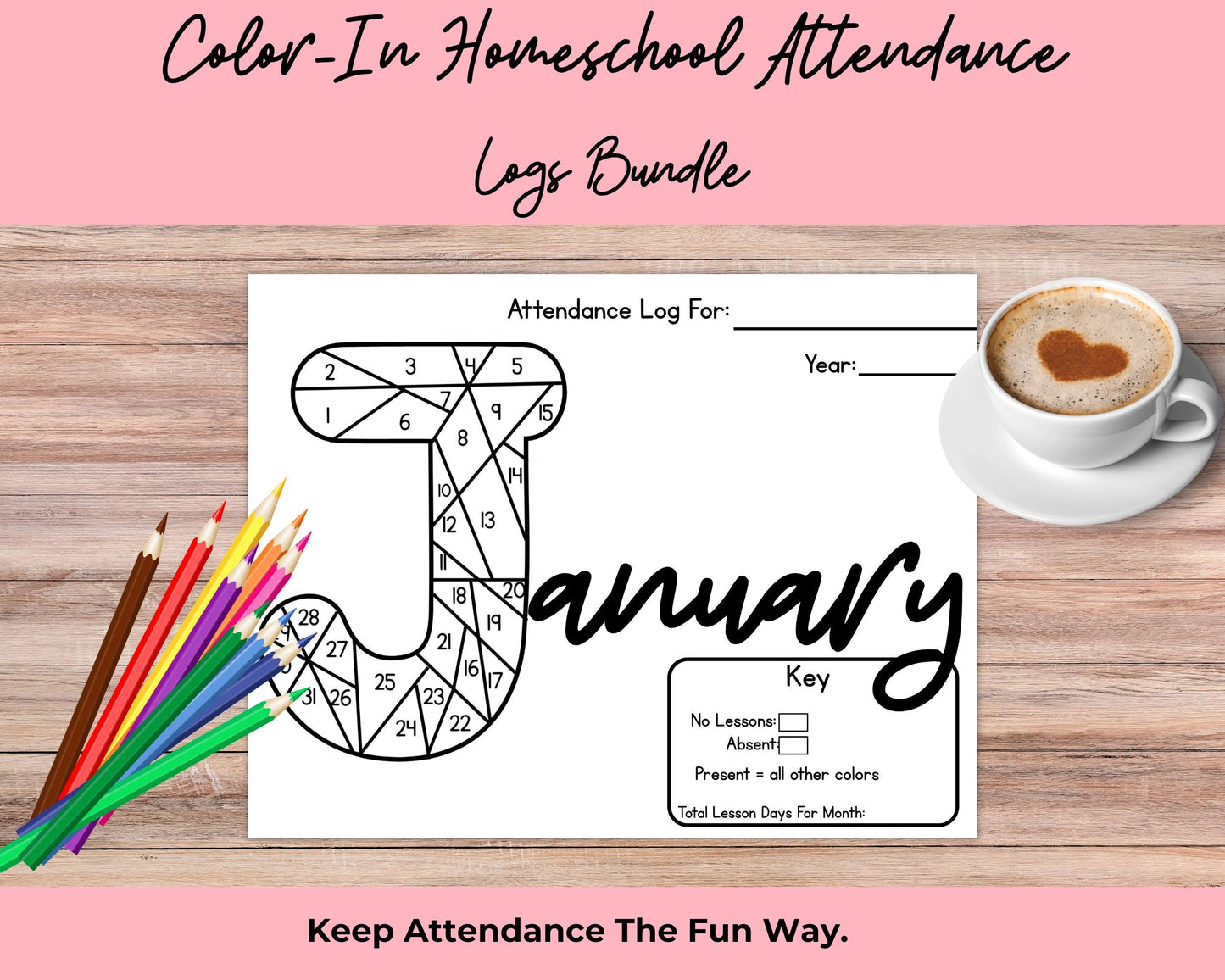 Homeschool Attendance Color In Log | 13 Monthly Tracking Sheets | Printable PDF