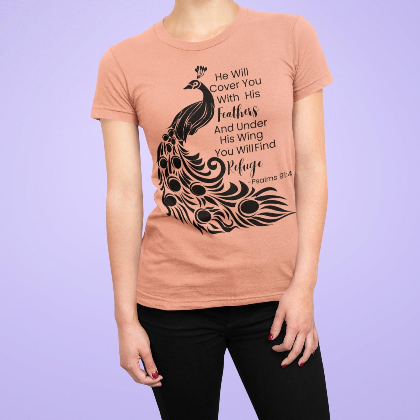 Women's Christian Bible Verse  He Will Cover Me With Feathers Jersey Short Sleeve Tee