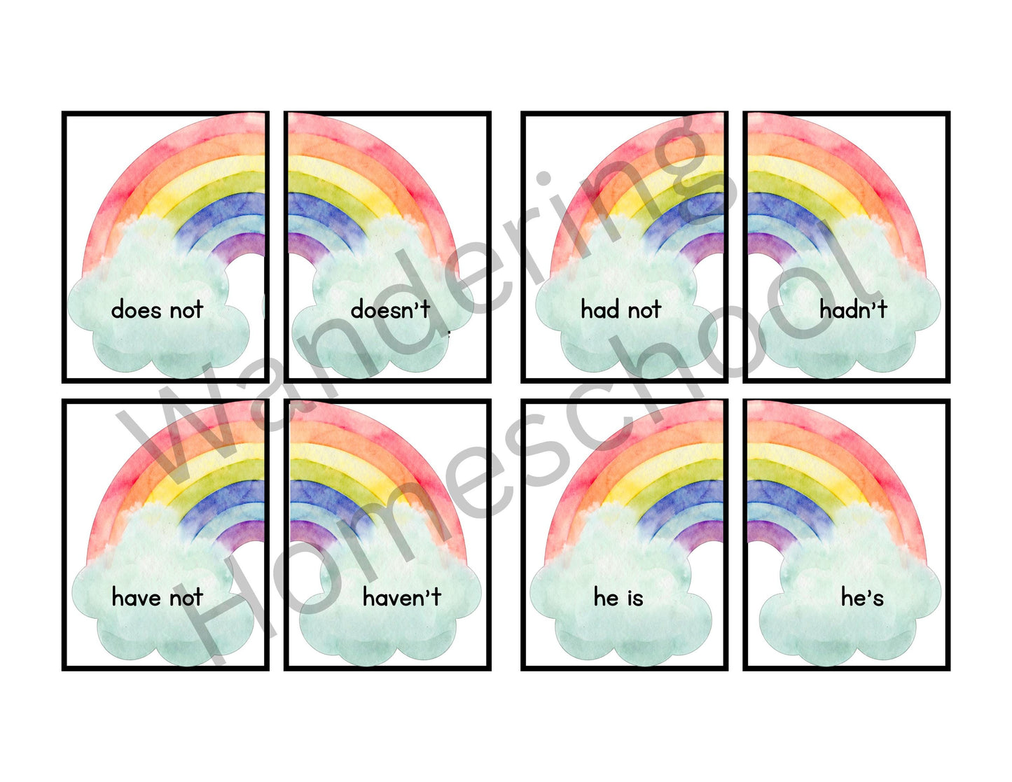 Watercolor Rainbow Contraction Flash Cards | 50 Matching Pairs for Grades 1+