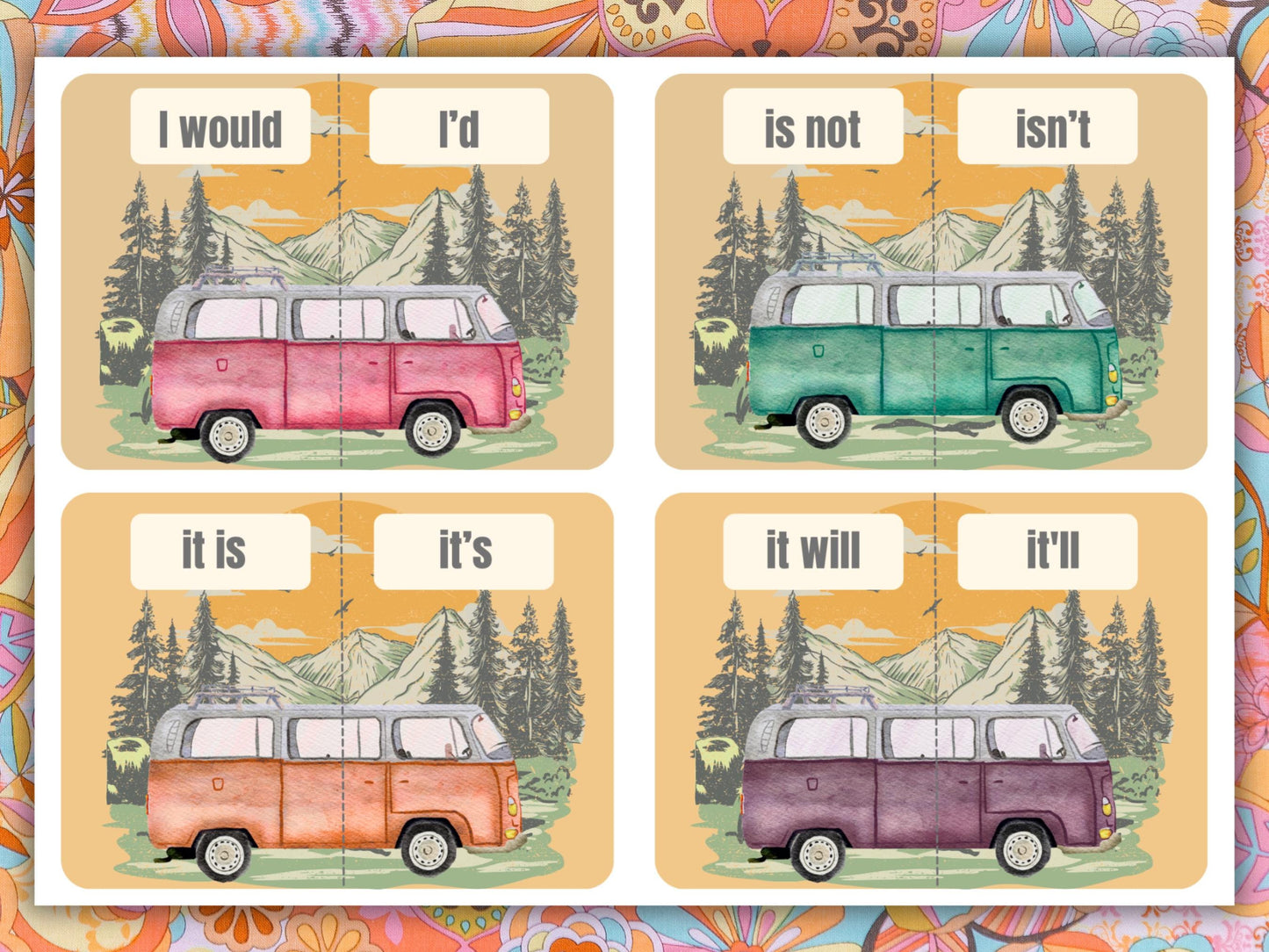VW Bus Contraction Matching Game: Retro Grammar Activity for Kids