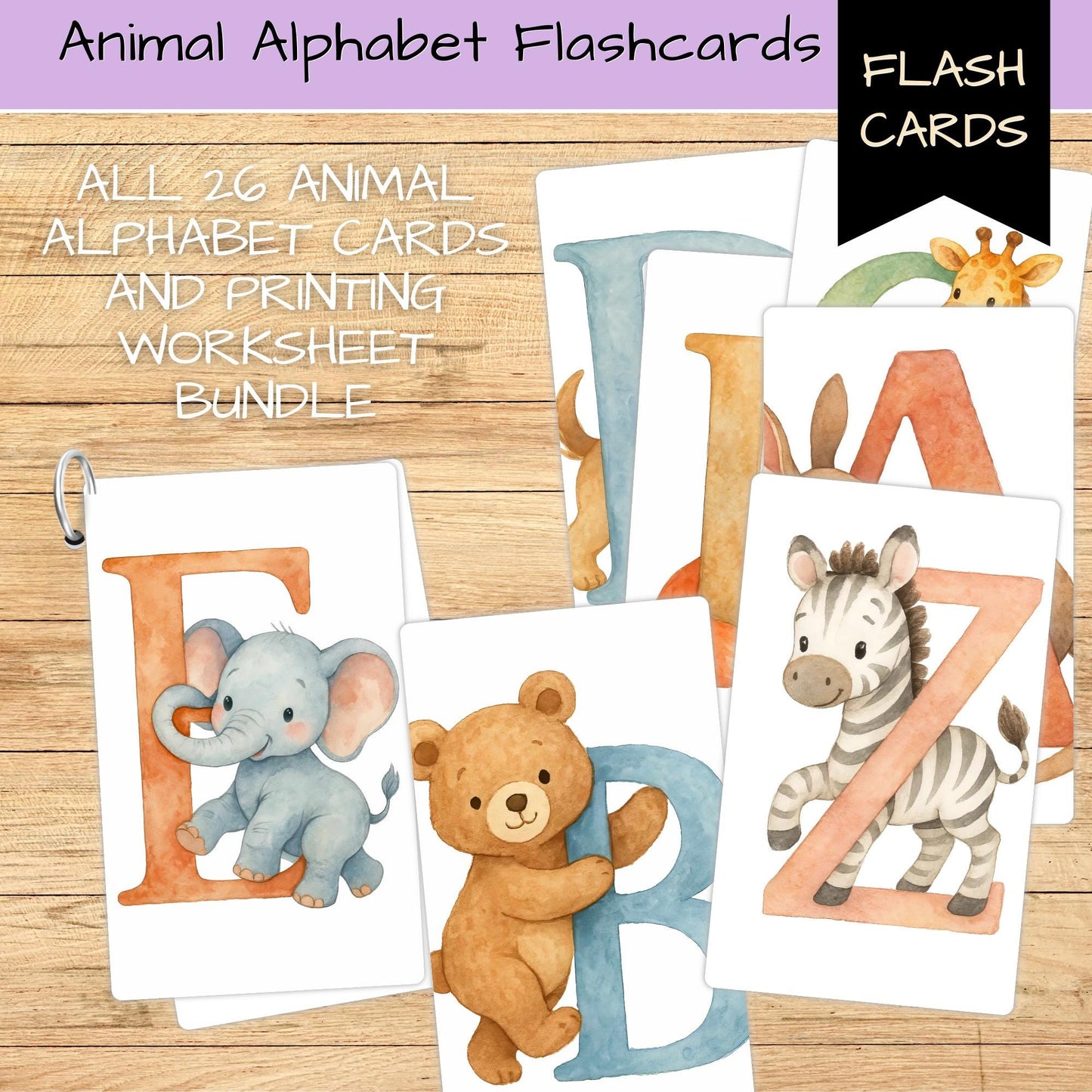 Alphabet Animals Flashcards and Early Printing Worksheet Bundle