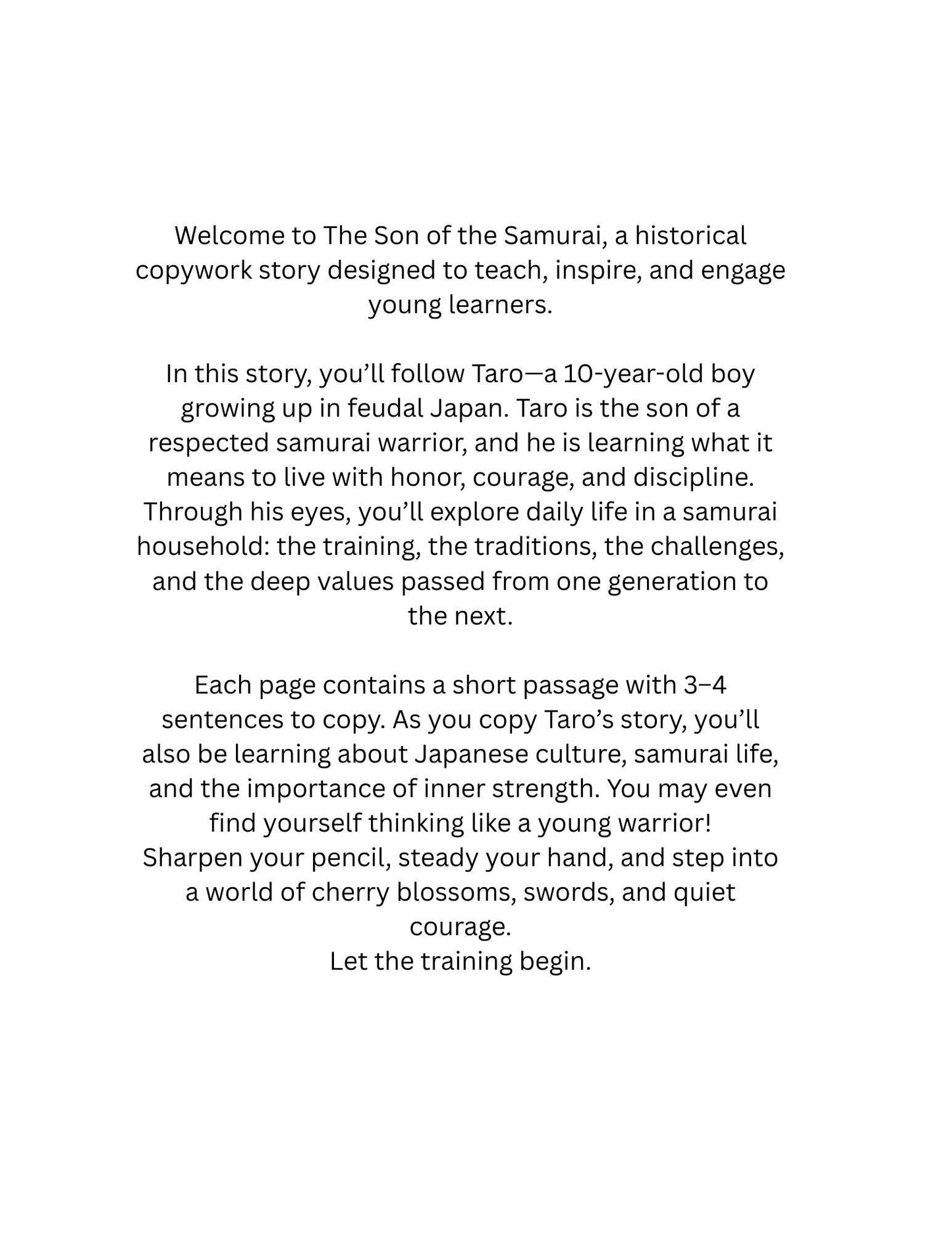 The Son of the Samurai: A Historical Cursive Copywork Story