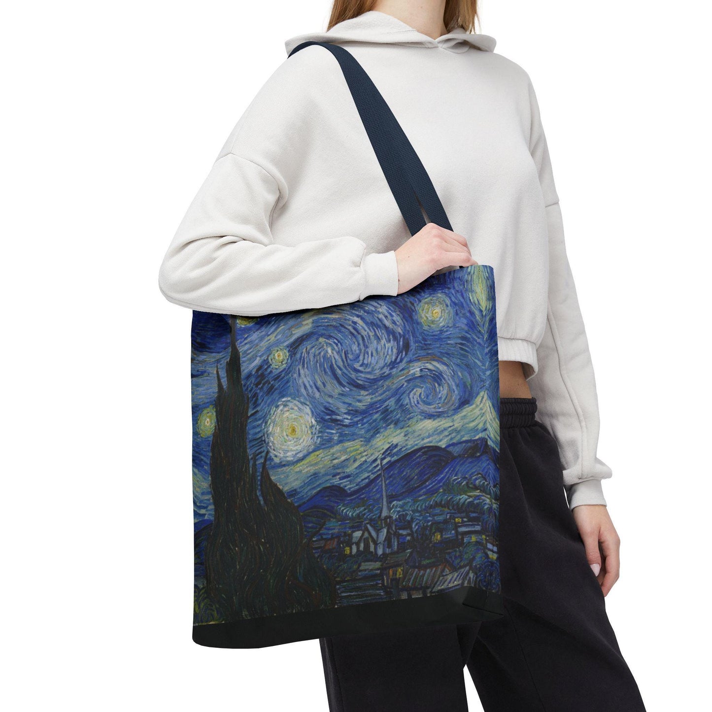 Starry Night Art Tote Bag, 18x18, Custom Printed Durable Everyday Bag with Black, Navy, or Beige Handles