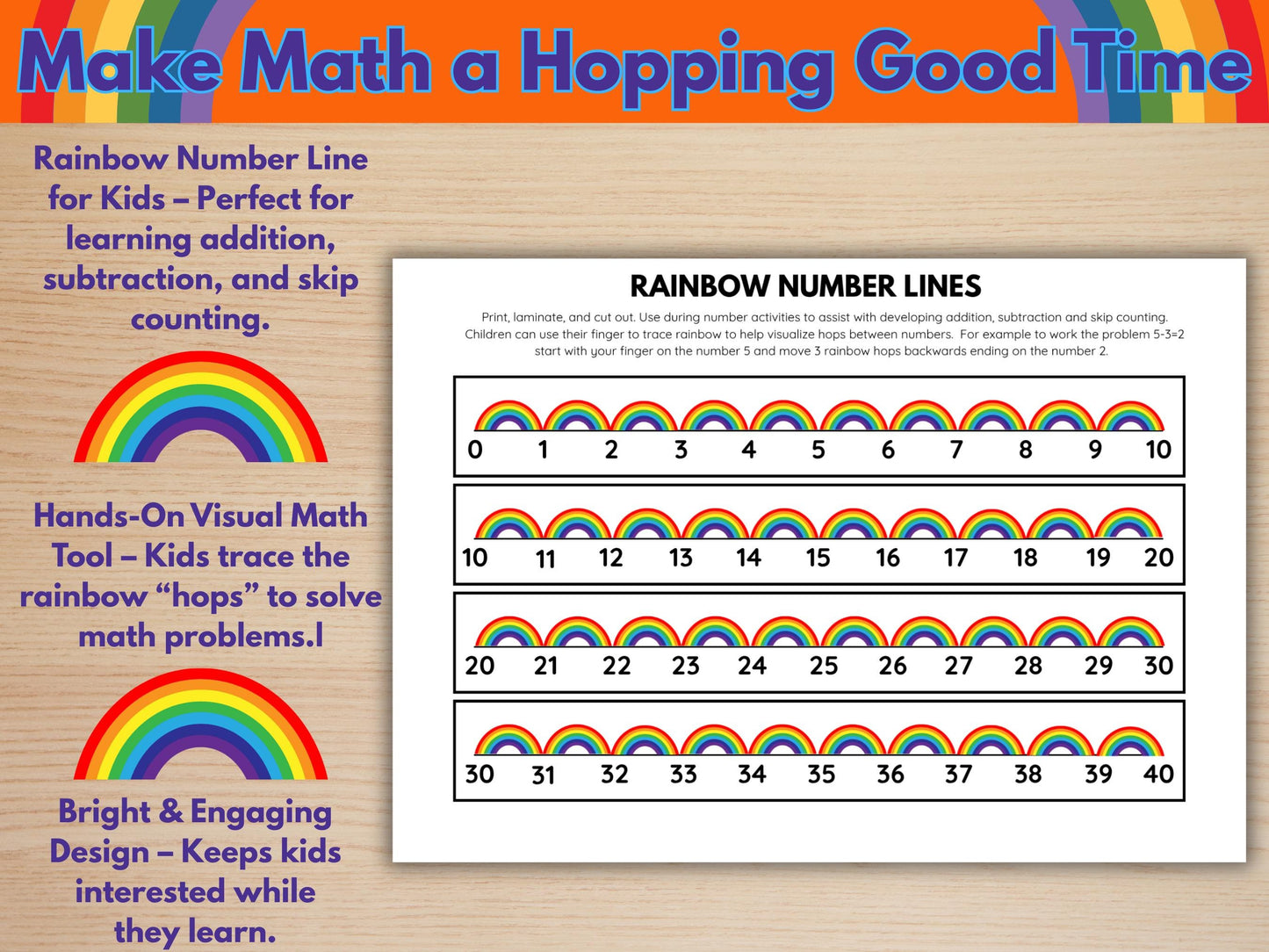 Rainbow Number Line Printable: Math Addition, Subtraction Visual Aid
