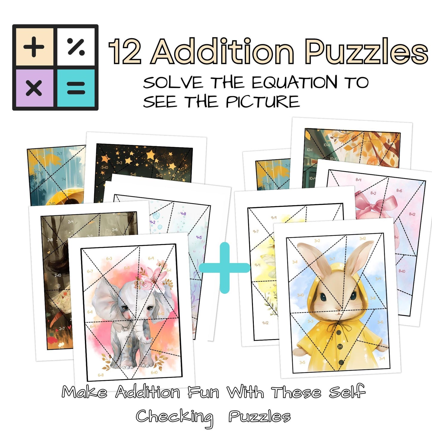 Addition Puzzles for Girls – Set of 12 Fun & Girly Math Activities (Facts 1–12)