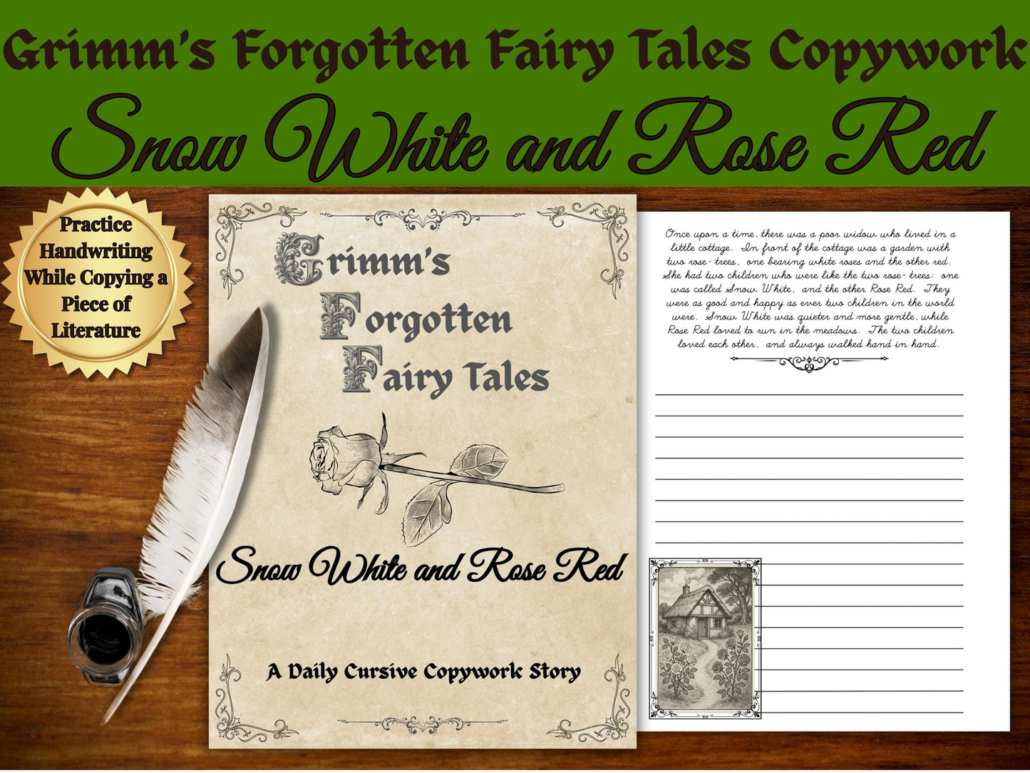 Snow White & Rose Red Cursive Copywork: Grimm's Fairy Tale Handwriting Practice (PDF Download)