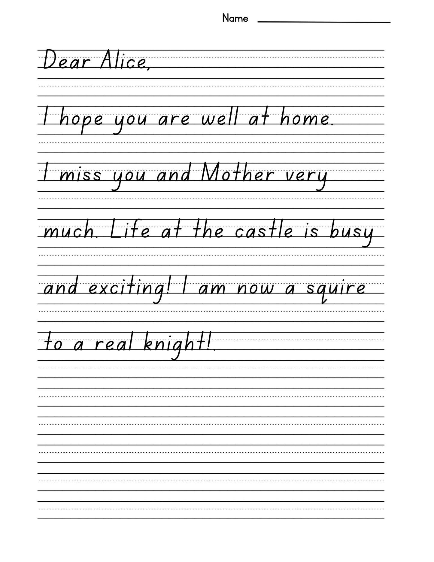 The Letters of Thomas the Squire-Life in a Castle A History Story Print Copywork