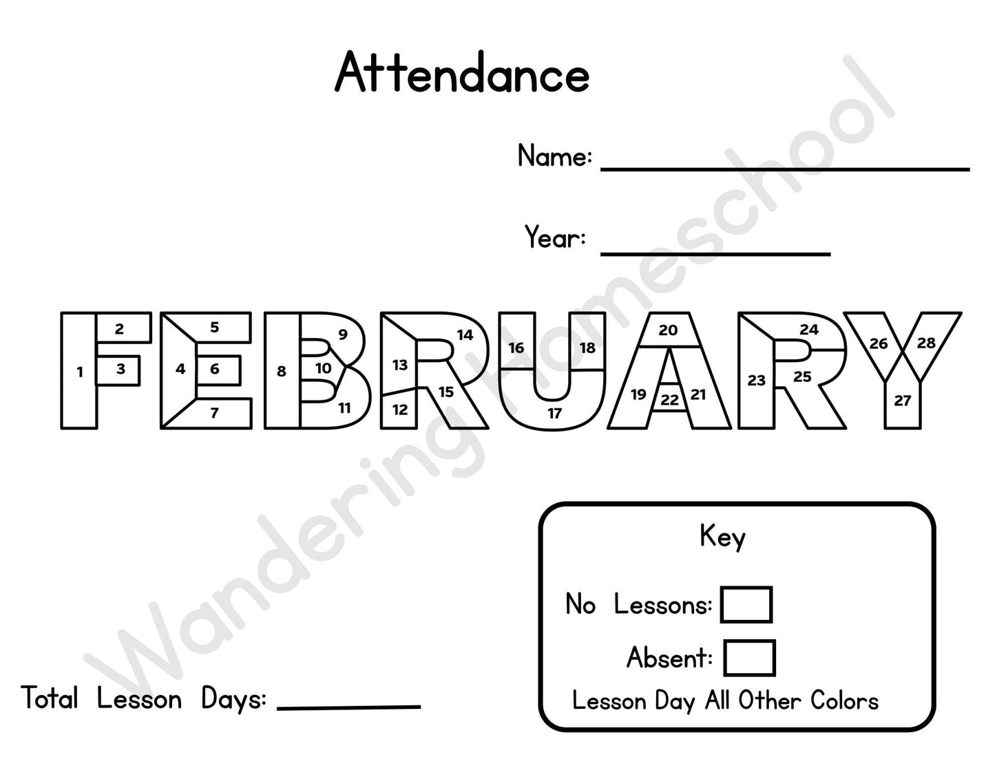 Color-In Homeschool Attendance Tracker: Monthly Printable Bundle (Digital Download)