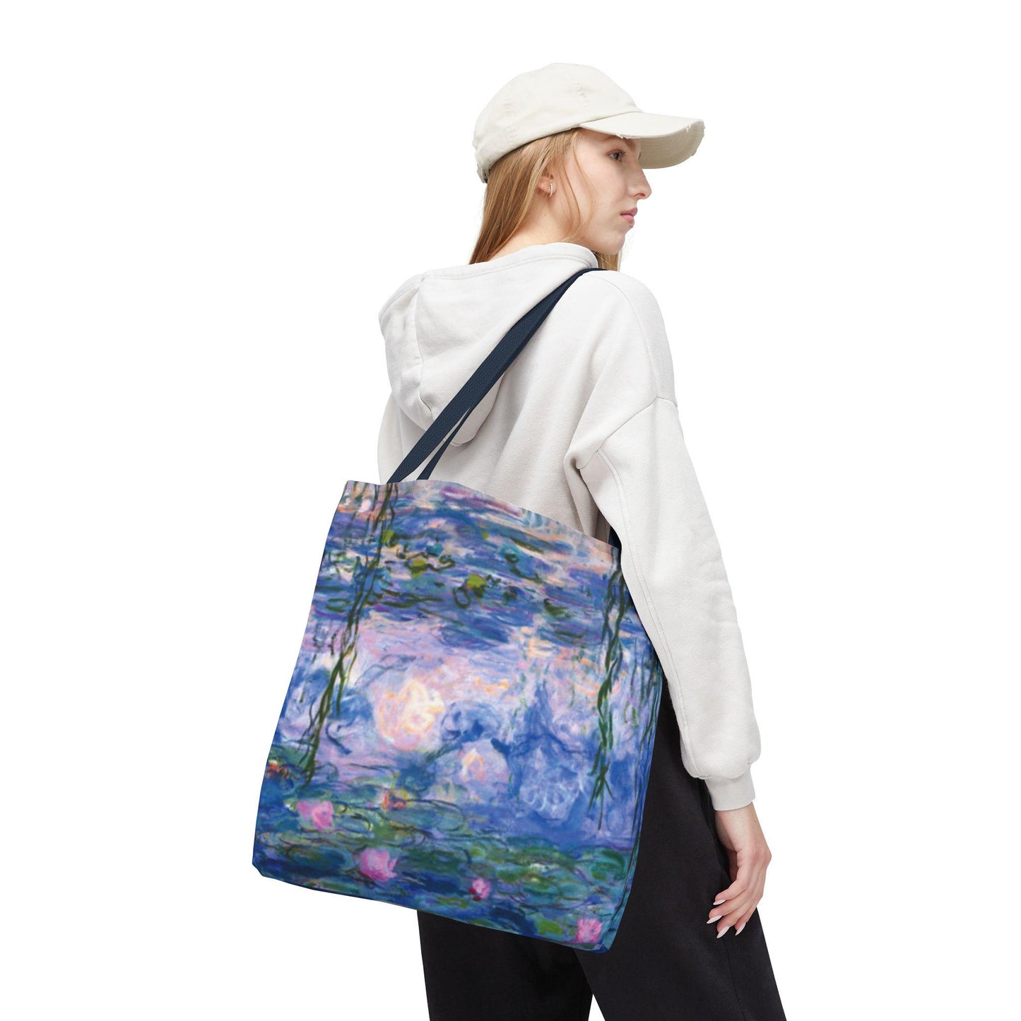 Water Lilies Art Tote Bag, 18x18, Durable Custom Printed Bag with White or Navy Handles