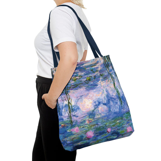 Water Lilies Art Tote Bag, 18x18, Durable Custom Printed Bag with White or Navy Handles