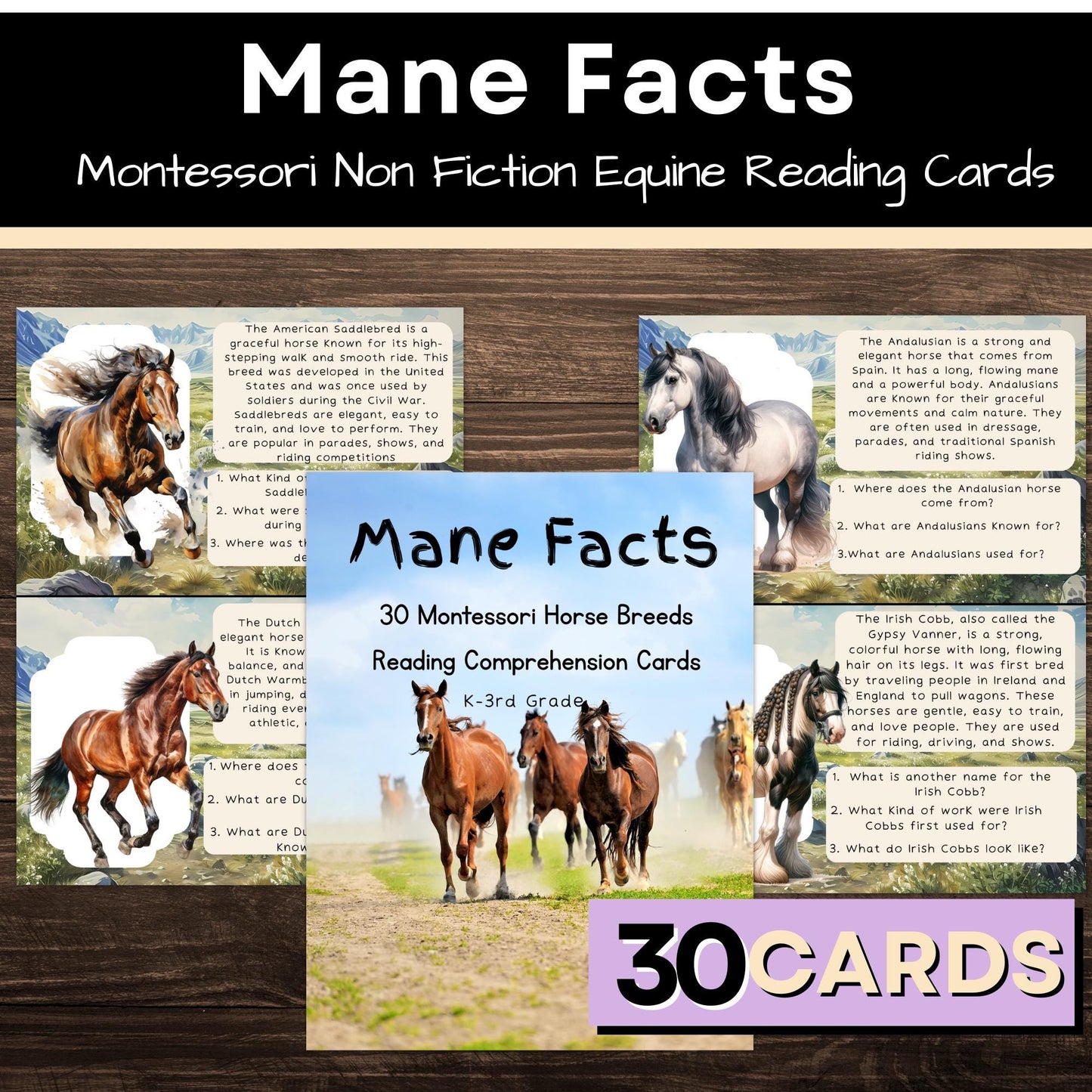 Mane Facts: Montessori Horse Breed Reading Comprehension Cards for Early Learners K-3rd Grade