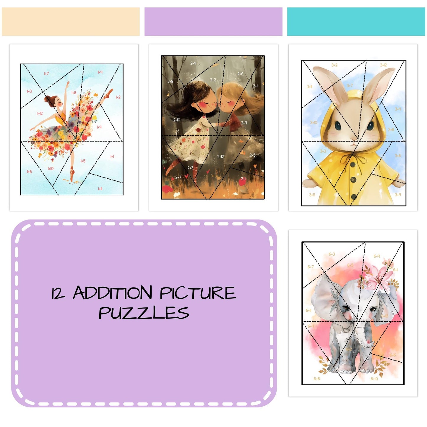 Addition Puzzles for Girls – Set of 12 Fun & Girly Math Activities (Facts 1–12)