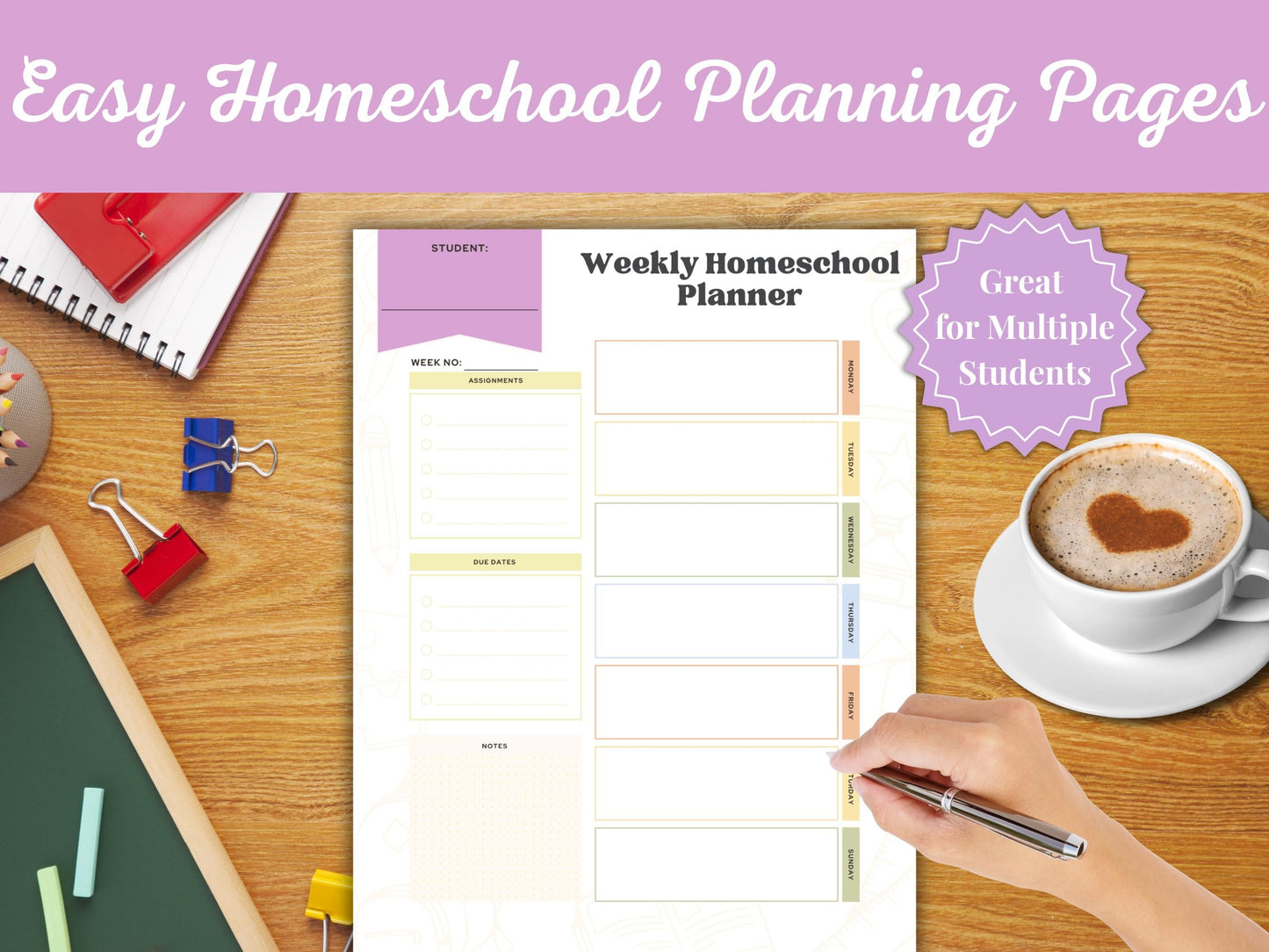 Weekly Homeschool Student Planner Page – Track Assignments, Notes & Due Dates