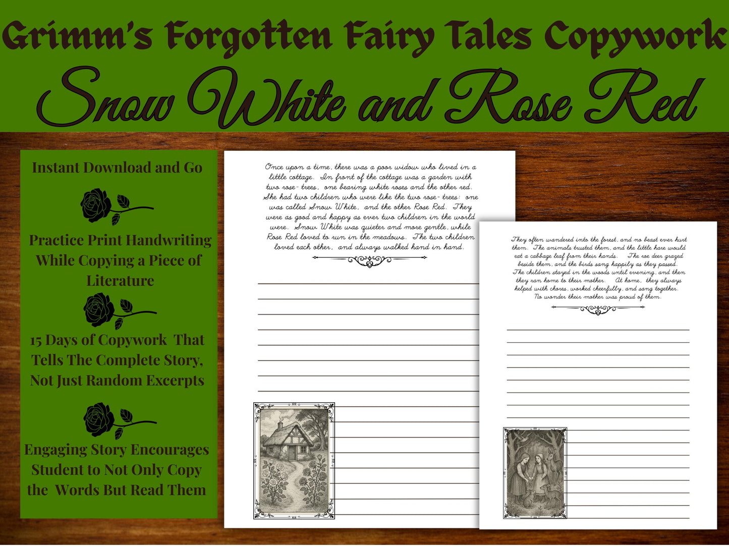 Snow White & Rose Red Cursive Copywork: Grimm's Fairy Tale Handwriting Practice (PDF Download)