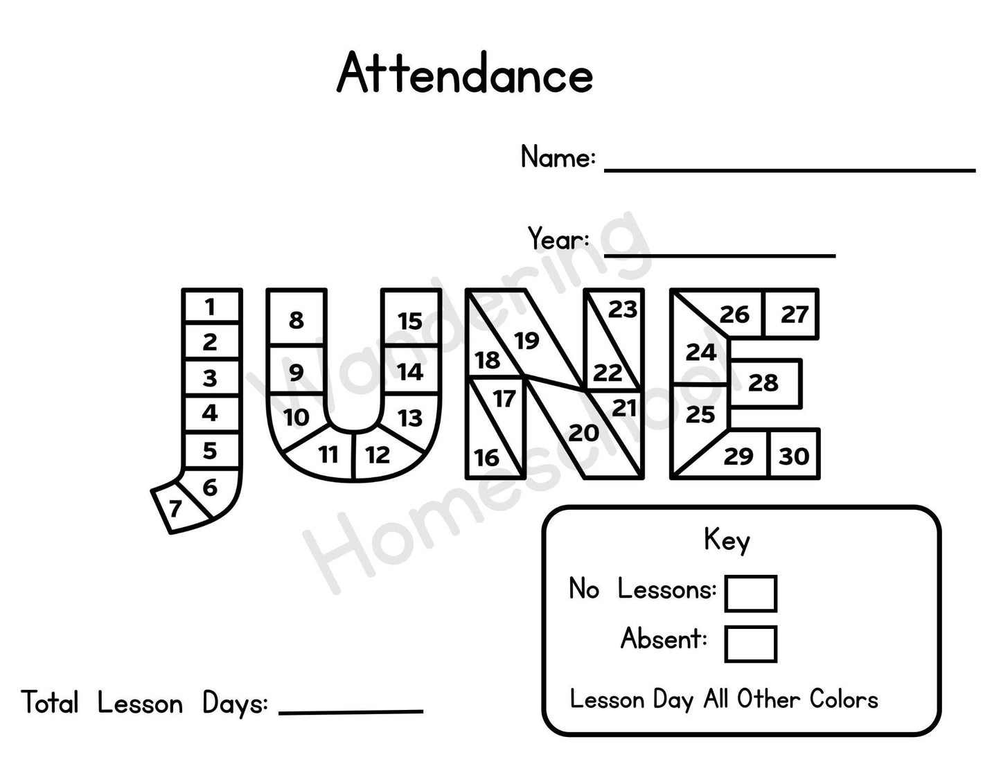 Color-In Homeschool Attendance Tracker: Monthly Printable Bundle (Digital Download)
