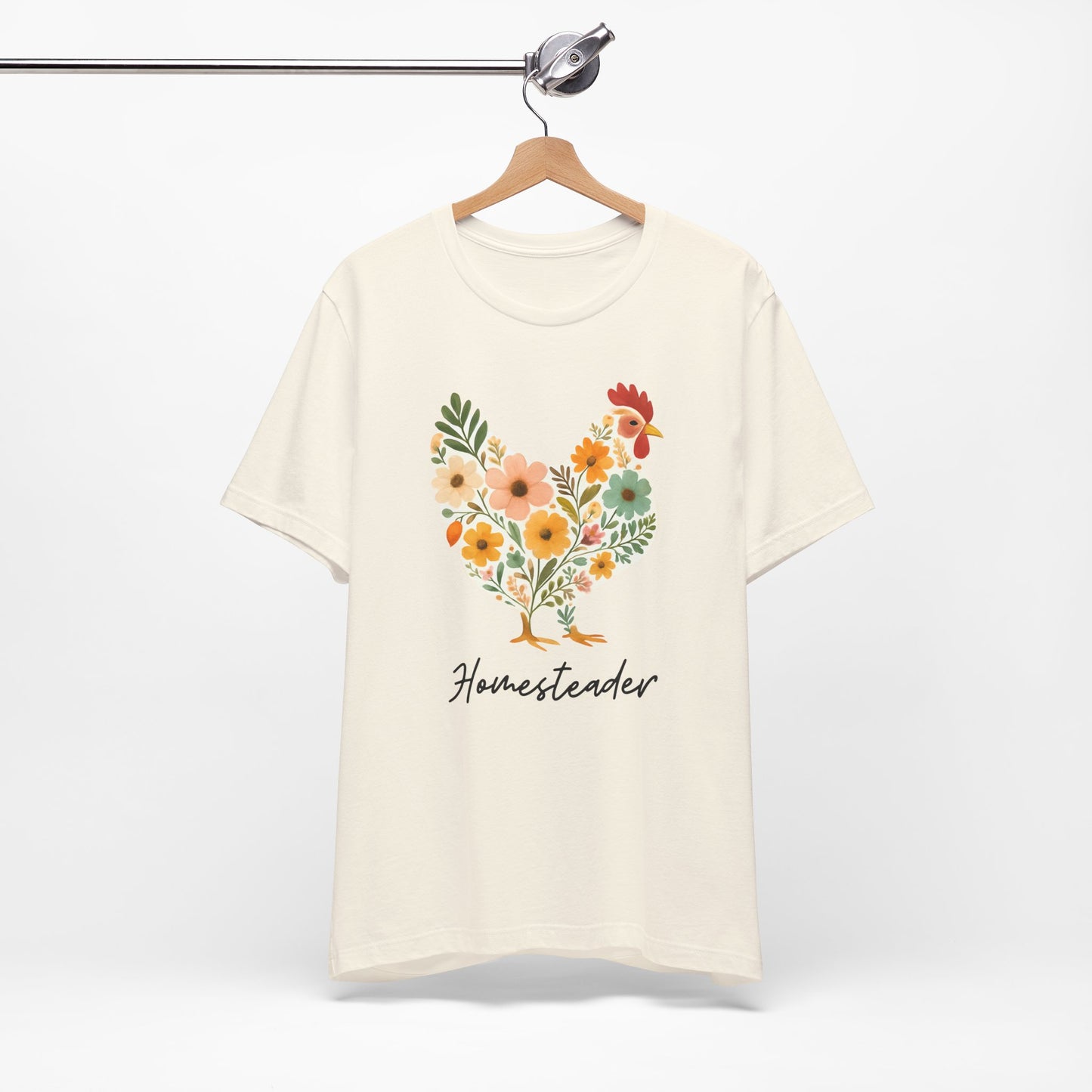 Women's Homesteading Chicken Floral Jersey Short Sleeve Tee Sz. S-5XL