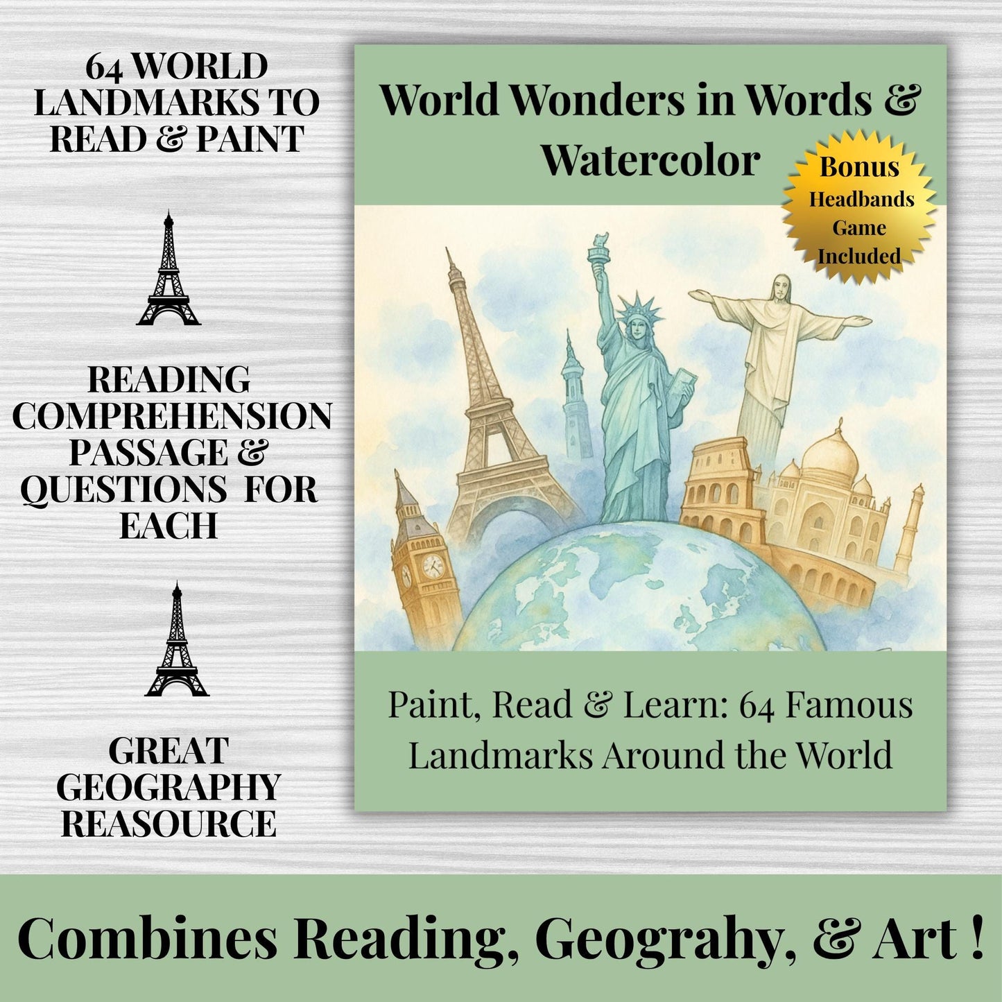 World Landmarks Homeschool Bundle: Painting Pages, Reading Comprehension & Headband Cards