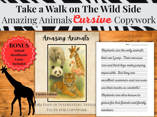 Animal Facts Cursive Copywork: Handwriting Practice + Headbands Game (Printable PDF Bundle)